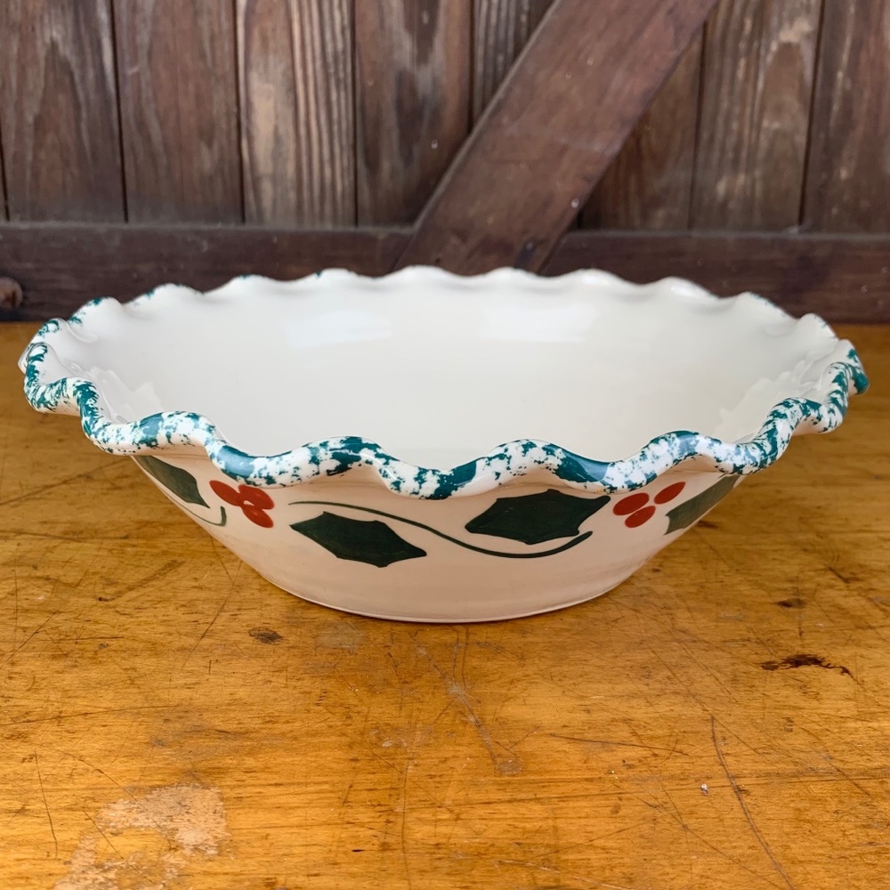 Three Rivers Pottery Scalloped Edge Splatter Rim Holly Mixing Serving Bowl 1995